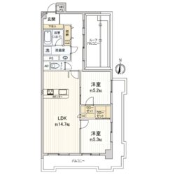 2LDK、専有面積：63.35m2、バルコニー面積：13.71m2、ルーフバルコニー面積：7.50m2(間取)