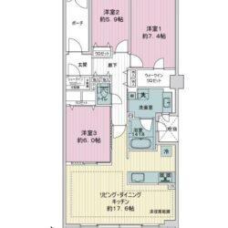 3LDK＋WIC、専有面積：84.95m2、バルコニー面積：18.60m2、専用ポーチ面積：5.47m2(間取)