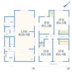 4LDK、土地面積125.15m2、建物面積97.70m2(間取)