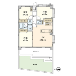 3LDK、専有面積：57.96m2、バルコニー面積：11.09m2、専用庭面積：19.12m2(間取)