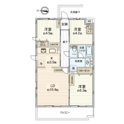 3LDK、専有面積：64.52m2、バルコニー面積：9.57m2(間取)