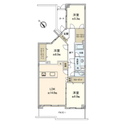 3LDK＋2WIC、専有面積：74.43m2、バルコニー面積：9.54m2(間取)