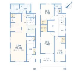 3LDK＋マルチスキップ＋WIC、土地面積181.27m2、建物面積108.88m2(間取)