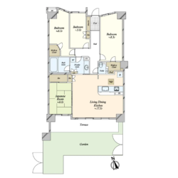 4LDK＋2WIC、専有面積：97.79m2、テラス面積：13.34m2、専用庭面積：26.12m2(間取)