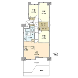 3LDK＋WIC、専有面積：77.88m2、バルコニー面積：108.88m2、専用庭面積：42.95m2(間取)