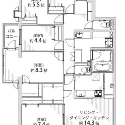 5LDK＋2WIC、専有面積：107.40m2、バルコニー面積：12.31m2(間取)