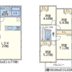 4LDK+PANTRY、土地面積128.16m2、建物面積98.53m2(間取)