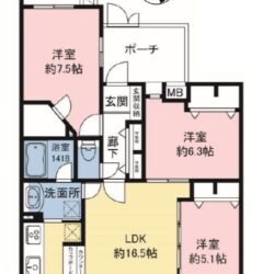 3LDK＋WIC、専有面積：76.85m2、バルコニー面積：7.44m2、ポーチ面積：5.18m2(間取)