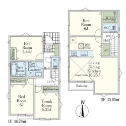 4LDK＋DEN、土地面積144.97m2、建物面積92.73m2(間取)