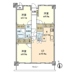 3LDK＋WIC、専有面積：70.63m2、バルコニー面積：9.24m2(間取)