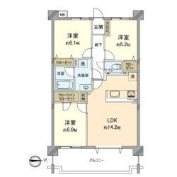 3LDK＋WIC、専有面積：70.04m2、バルコニー面積：13.12m2(間取)