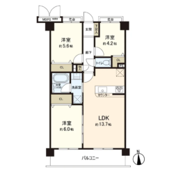 3LDK、専有面積：64.26m2、バルコニー面積：9.30m2(間取)