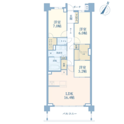 3LDK＋2WIC、専有面積：80.64m2、バルコニー面積：12.20m2(間取)