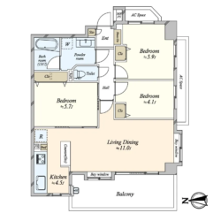 3LDK、専有面積：66.24m2、バルコニー面積：11.60m2(間取)