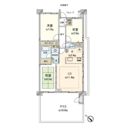 3LDK、専有面積：70.92m2、テラス面積：27.50m2、(間取)