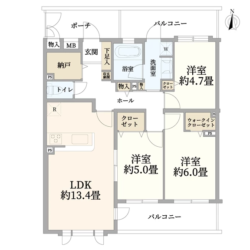 3SLDK＋WIC、専有面積：73.24m2、バルコニー面積：14.37m2、ポーチ面積：5.61m2(間取)