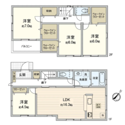 4LDK＋3WIC、土地面積153.30m2、建物面積105.37m2(間取)