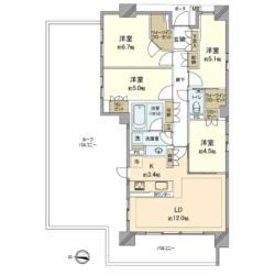 4LDK＋WIC、専有面積：85.01m2、バルコニー面積：9.54m2、ルーフバルコニー面積：52.57m2(間取)