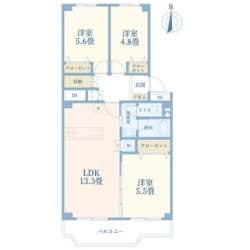 3LDK、専有面積：72.46m2、バルコニー面積：7.66m2(間取)